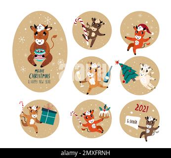 Ensemble de joli dessin animé Ox, cartes de vœux de vaches.bovins du nouvel an avec des attributs de Noël.symbole du nouvel an chinois 2021.ensemble animaux de vacances.Design Banque D'Images