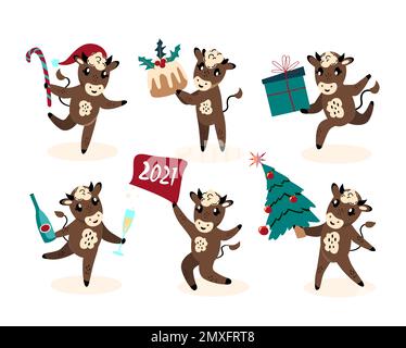 Ensemble de joli dessin animé Ox, cartes de vœux de vaches.bovins du nouvel an avec des attributs de Noël.symbole du nouvel an chinois 2021.ensemble animaux de vacances.Design Banque D'Images