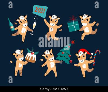 Ensemble de joli dessin animé Ox, cartes de vœux de vaches.bovins du nouvel an avec des attributs de Noël.symbole du nouvel an chinois 2021.ensemble animaux de vacances.Design Banque D'Images