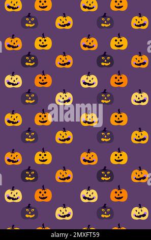 Halloween Pumpkin Seamless Pattern.Jack-o-lanterne,infini Violet , Orange Bright Background,Cute Pumpkins.All Saints Day Banner.Bright Greeting Happy Banque D'Images