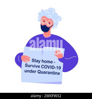 Avertissement d'épidémie de coronavirus.Nouveau COVID 2019,ancienne grand-mère âgée pensionnée femme âgée dans le masque médical du visage avec affiche de prévention. MEA préventive Banque D'Images