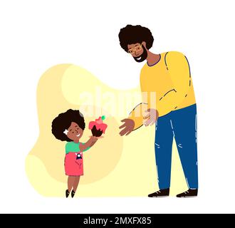 Petite fille africaine félicitant papa, présenter Cake au Père.Happy sourire papa. Bébé fille donnant le Pie à parent. L'homme communique avec l'enfant. Banque D'Images