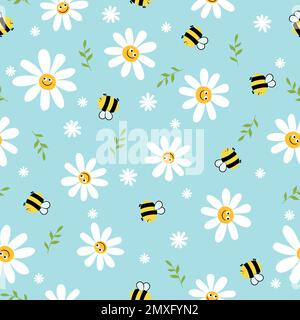 Motif amusant sans couture avec camomille sourire et abeille sur fond bleu. Imprimer pour le tissu et le papier d'emballage. Illustration de Vecteur