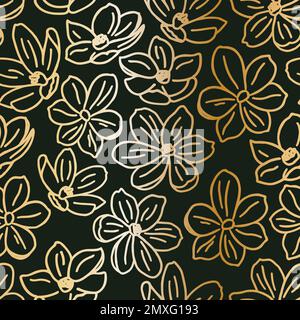 Contours de jonquilles dorés sur fond noir, motif vectoriel sans couture. Fleurs de printemps Narcisse. Idéal pour le textile, les cartes postales, le papier peint, le papier d'emballage. Illustration vectorielle de style plat. Illustration de Vecteur