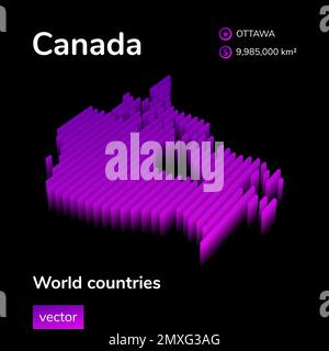 Carte Canada 3D. Vecteur à rayures isométriques stylisées néon simple numérique carte en violet et rose sur fond noir Illustration de Vecteur