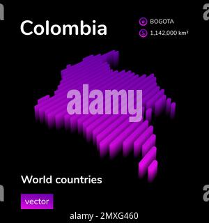 Carte Colombie 3D. Carte stylisée du vecteur izométrique 3D en violet de néon sur fond noir. Illustration de Vecteur