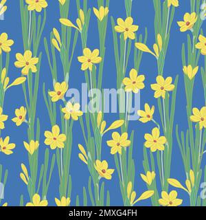 Les jonquilles jaunes sont des motifs vectoriels sans couture sur fond bleu. Fleurs de printemps Narcisse. Idéal pour le textile, les cartes postales, le papier peint, le papier d'emballage. Illustration vectorielle de style plat. Illustration de Vecteur