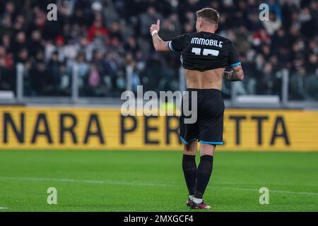 Turin, Italie. 02nd févr. 2023. Ciro immobile de SS Lazio gestes lors du match de football de Coppa Italia 2022/23 entre Juventus FC et SS Lazio au stade Allianz. (Résultats finaux ; Juventus 1 | 0 Lazio). Crédit : SOPA Images Limited/Alamy Live News Banque D'Images