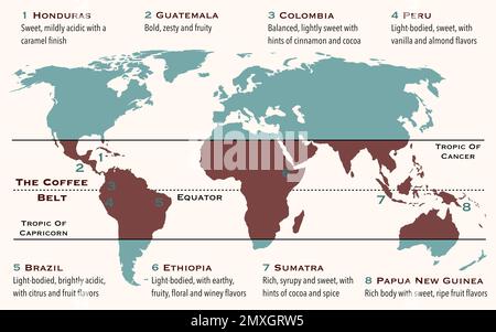 La région du monde, connue sous le nom de ceinture de café, qui comprend les principaux pays producteurs de café Banque D'Images