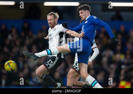 Londres, Royaume-Uni. 03rd févr. 2023. Kai Havertz, de Chelsea, et Tim REAM, de Fulham, lors du match de première ligue entre Chelsea et Fulham, à Stamford Bridge, Londres, en Angleterre, le 3 février 2023. Photo de Salvio Calabre. Utilisation éditoriale uniquement, licence requise pour une utilisation commerciale. Aucune utilisation dans les Paris, les jeux ou les publications d'un seul club/ligue/joueur. Crédit : UK Sports pics Ltd/Alay Live News Banque D'Images