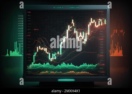 Un écran noir affichant des graphiques de stock de bougeoirs. Négociation et représentation des tendances du marché financier sur une période donnée, en utilisant des bougies rouges et vertes Banque D'Images