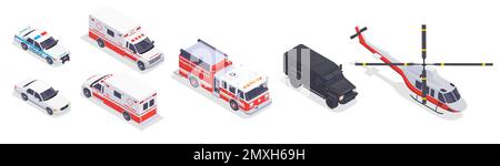 Icônes isométriques de transport de service d'urgence avec moteur d'incendie ambulance voiture de police hélicoptère 3D vecteur isolé illustration Illustration de Vecteur