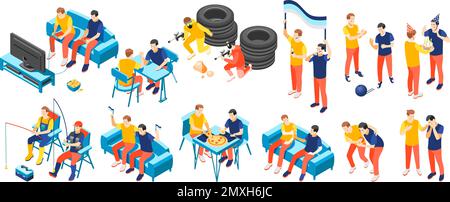 Hommes amitié icônes isométriques ensemble avec deux hommes de pêche jouant manger au repos regarder la télévision ensemble 3D illustration vectorielle isolée Illustration de Vecteur