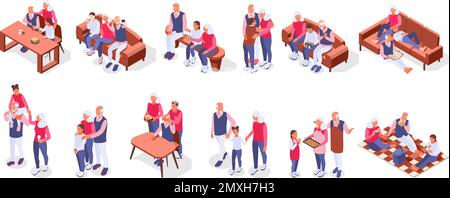 Grands-parents avec enfants ensemble de couleurs de membres amicaux de la famille passer du temps ensemble compositions isométriques illustration vectorielle Illustration de Vecteur