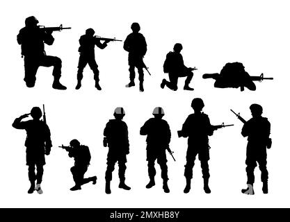 Collage avec silhouettes de soldats sur fond blanc. Service militaire Banque D'Images