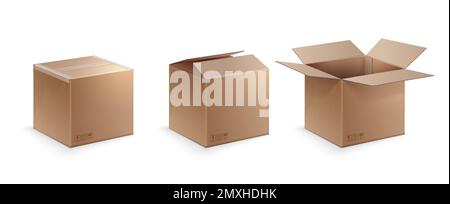 Trois positions de carton ouvert couvert et scellé isolé sur fond blanc illustration vectorielle Illustration de Vecteur