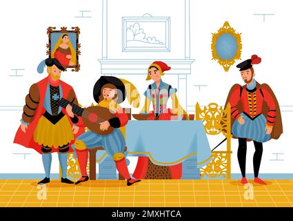 Renaissance ancienne composition colorée personnes à l'intérieur du château médiéval célébrant à la table illustration vectorielle Illustration de Vecteur