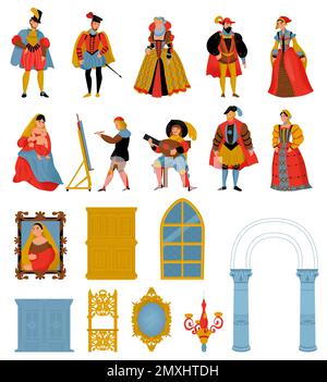 Renaissance style rétro Icon ensemble hommes en costumes médiévaux femmes en robes fantaisie et objets intérieurs illustration vectorielle Illustration de Vecteur