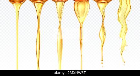 Ensemble réaliste de débit d'huile avec flux verticaux isolés de liquide jaune différentes formes sur l'illustration du vecteur de fond transparent Illustration de Vecteur