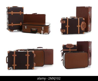 Ensemble de valises vintage différentes sur fond blanc Banque D'Images