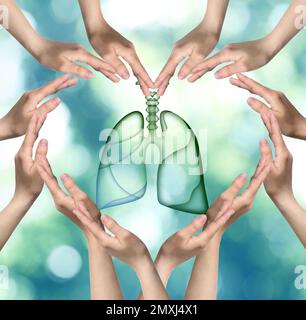 La Journée mondiale de la tuberculose et la campagne sans tabac. Les gens entourant les poumons illustration, faisant le cadre en forme de coeur avec les mains Banque D'Images