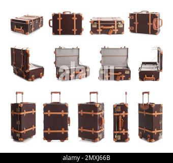 Ensemble de valises vintage sur fond blanc Banque D'Images