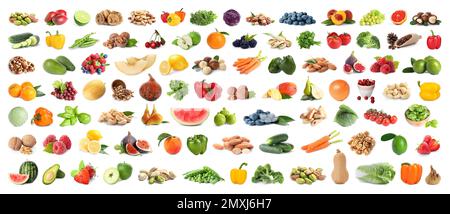 Ensemble de fruits, légumes. baies et noix sur fond blanc. Bannière Banque D'Images