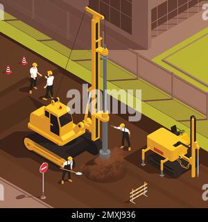 Ouvriers forage de puits sur un chantier de construction en zone urbaine 3D illustration vectorielle isométrique Illustration de Vecteur