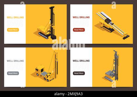 Jeu de quatre bannières isométriques horizontales avec machines de forage de puits isolées sur fond sombre illustration vectorielle 3D Illustration de Vecteur