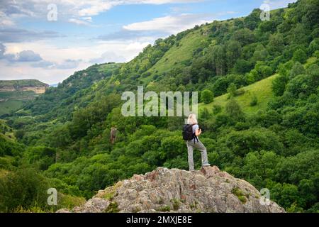 Femme randonneur en montagne, personne touriste sur fond de forêt, la femme voyageur se tient seule dans le parc national en été. Concept de randonnée, aventure Banque D'Images