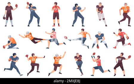 Ensemble de football américain avec des personnages masculins de joueurs en uniforme en mouvement pendant le match illustration vectorielle isolée Illustration de Vecteur