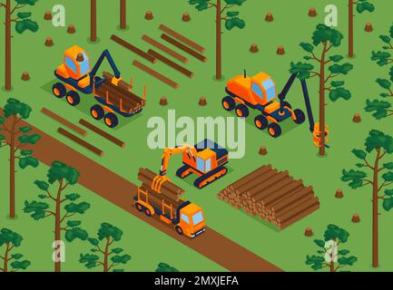 Concept de scierie isométrique avec machines à sorboir en illustration de vecteur forestier Illustration de Vecteur