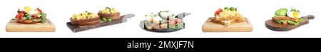 Ensemble de différents sandwiches aux œufs sur fond blanc. Bannière Banque D'Images