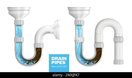 Siphons d'égouts obstrués par de la boue et du détergent liquide de nettoyage illustration vectorielle isolée réaliste de composition Illustration de Vecteur