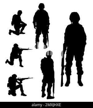 Collage avec silhouettes de soldats sur fond blanc. Service militaire Banque D'Images