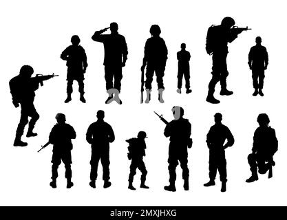 Collage avec silhouettes de soldats sur fond blanc. Service militaire Banque D'Images