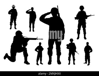 Collage avec silhouettes de soldats sur fond blanc. Service militaire Banque D'Images