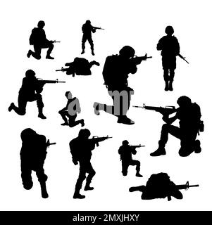 Collage avec silhouettes de soldats sur fond blanc. Service militaire Banque D'Images