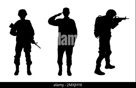 Collage avec silhouettes de soldats sur fond blanc. Service militaire Banque D'Images