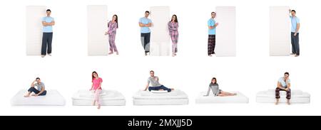 Collage avec photos de personnes et matelas sur fond blanc. Bannière Banque D'Images
