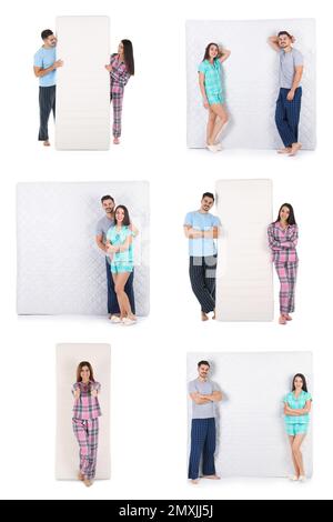 Collage avec photos de personnes et matelas sur fond blanc Banque D'Images