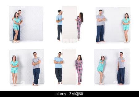 Collage avec photos de jeunes couples et matelas sur fond blanc Banque D'Images