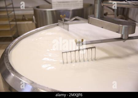 Lait dans le réservoir de préparation du lait caillé à l'usine de fromage Banque D'Images