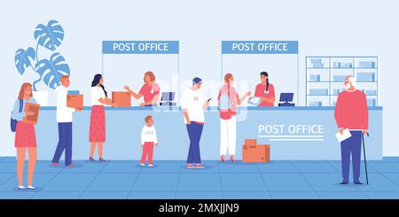 File d'attente de composition à plat de bureau de poste au bureau de poste les gens veulent envoyer et recevoir leur illustration de vecteur de colis Illustration de Vecteur