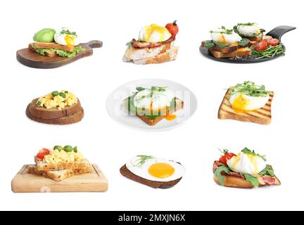 Ensemble de différents sandwiches aux œufs sur fond blanc Banque D'Images
