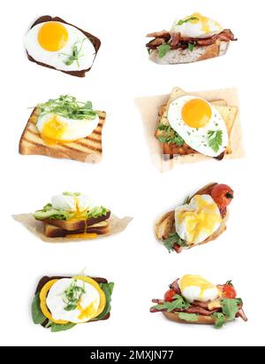 Ensemble de différents sandwiches aux œufs sur fond blanc Banque D'Images