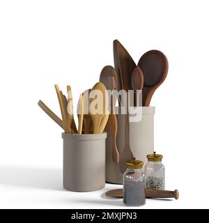 3D ensembles d'ustensiles de cuisine en bois dans des boîtes isolées sur fond blanc Banque D'Images