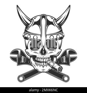 Crâne crâne fumer cigare ou cigarette fumée avec casque viking et clé croisée constructeur d'affaires de la nouvelle construction et de remodelage de la maison illust Illustration de Vecteur