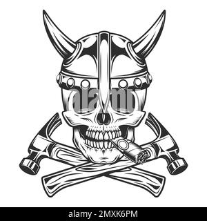 Crâne fumant cigare ou cigarette fumée avec casque viking et marteau croisé constructeur d'entreprise de construction et de remodelage de la maison illustration Illustration de Vecteur