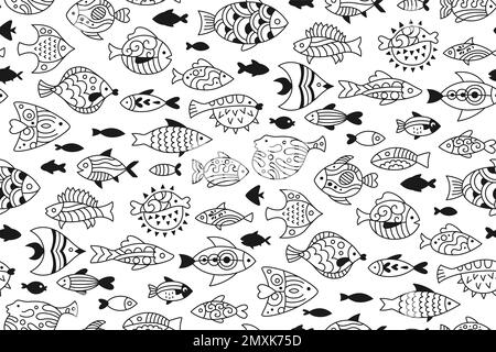 Poisson abstrait décorations tropicales Doodle sans couture motif. Animaux d'aquarium exotiques linéaires, ornement marin sans limite de dessin animé. Décoration sans fin ornementale d'eau douce, poissons de mer répéter le papier peint Illustration de Vecteur